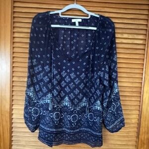 JOIE PATTERNED NAVY BANDANA PRINT LONG SLEEVE BILLOWY SHEER SILK BLOUSE - XS